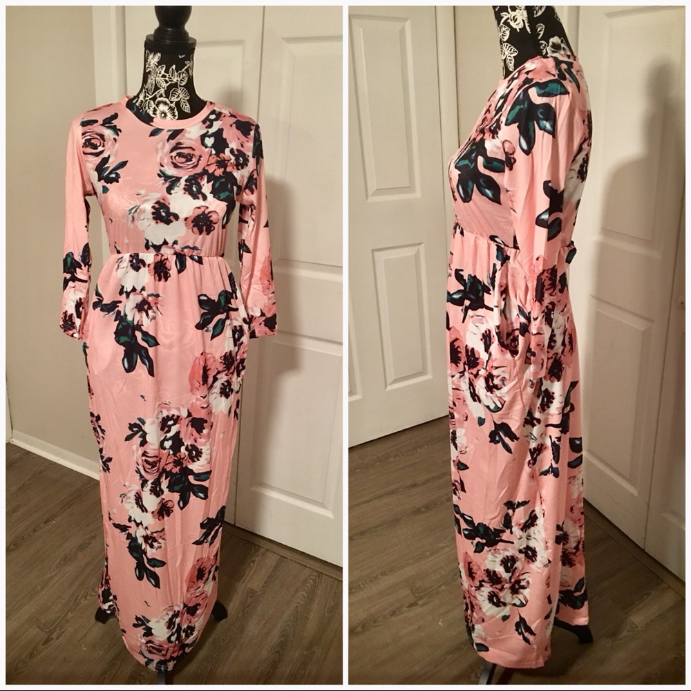 Pink Floral Maxi Dress with Pockets - Picture 2 of 3